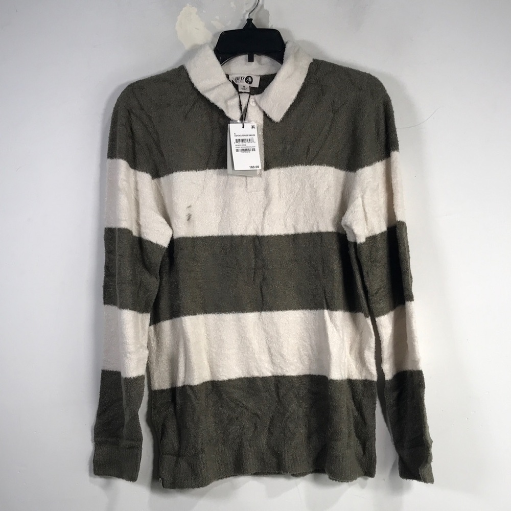 Barefoot Dreams Cozy Chic Rugby Sweater, Men's Size S - Khaki Green/Moonlight